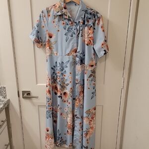 Vintage Floral Blue Maxi Button-down Dress